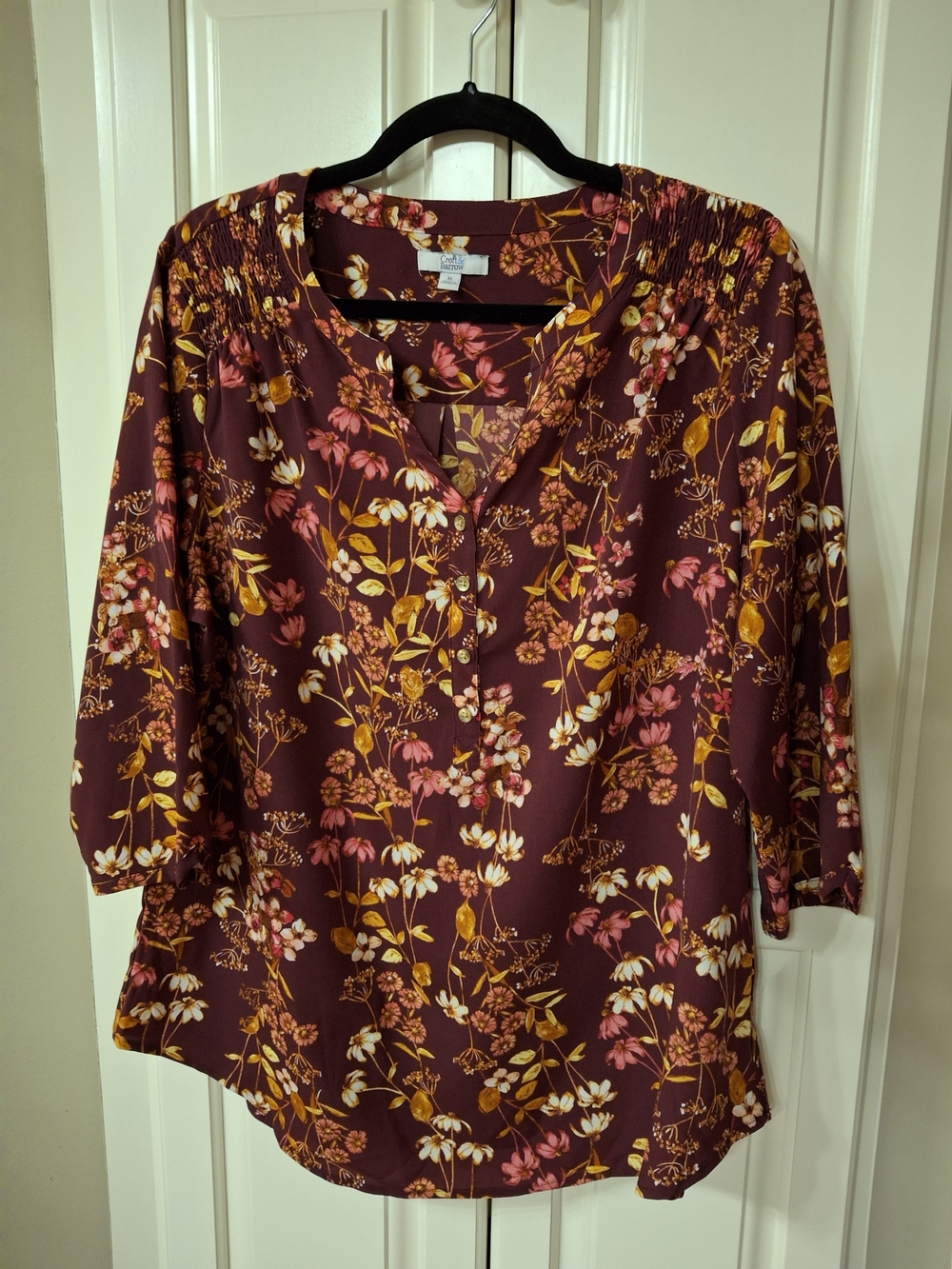 croft & barrow Burgundy Floral V-Neck Blouse
